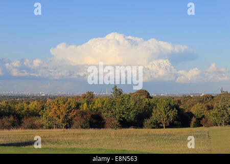 Epsom Downs, Surrey, UK. 11. Oktober 2014. Am Tag der Sonne und Duschen bildete sich eine riesige Cumulonimbus Gewitterwolke über London. Von Epsom Downs betrachtet. Bildnachweis: Julia Gavin UK/Alamy Live-Nachrichten Stockfoto