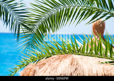 Thatched Dach Bungalows auf einem Hintergrund von blauem Meer und Palmen Stockfoto
