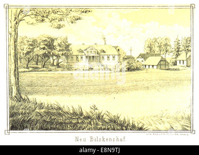 Diese Illustration aus Smiltens Werk von 1872 zeigt Neu Bilskenshof, ein bemerkenswertes Anwesen oder Gebäude, mit architektonischen Details und möglicherweise der umgebenden Landschaft des 19. Jahrhunderts. Stockfoto