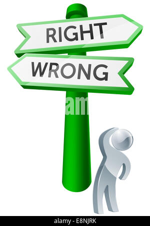 Ein Mann unter Berücksichtigung seiner Optionen betrachten ein Schild mit der Aufschrift richtig oder falsch Stockfoto