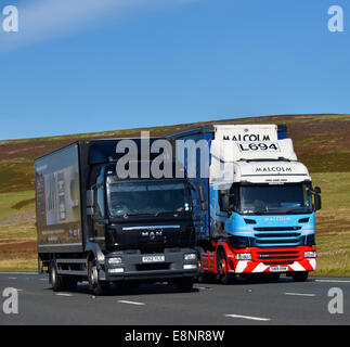 Lieferwagen und Malcolm Logistik LKW. Autobahn M6, Richtung Süden. Shap, Cumbria, England, Vereinigtes Königreich, Europa. Stockfoto