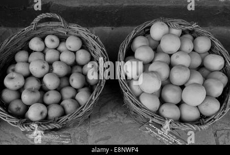 Obst Körbe mit Orangen und rotbraun Äpfel Stockfoto