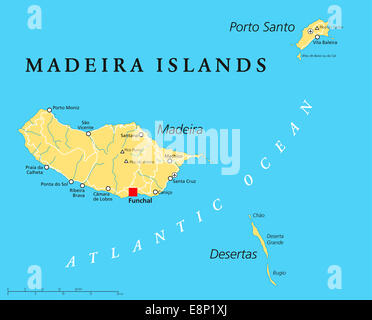Madeira Inseln politische Karte mit Madeira, Porto Santo und Desertas. Englische Beschriftung und Skalierung. Stockfoto