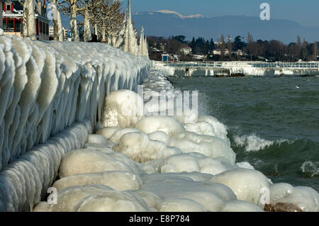 Stabilisierung der eisbedeckten Bank am Genfer See, Versoix bei Genf, Kanton Genf, Schweiz Stockfoto