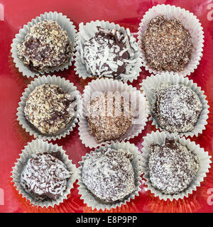 Hausgemachte Pralinen mit verschiedenen Beschichtungen wie Kokos, zerkleinerten Mandeln oder Haselnüsse oder Walnüsse. Stockfoto