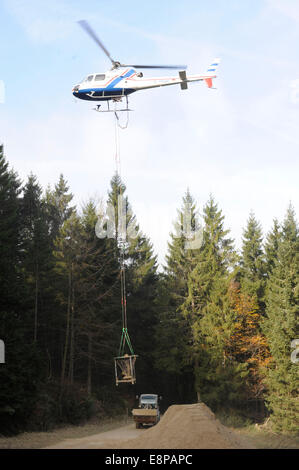 Ein Hubschrauber ist Wald im Schwarzwald, Süddeutschland, am 10. Oktober 2010 Kalkung. Stockfoto