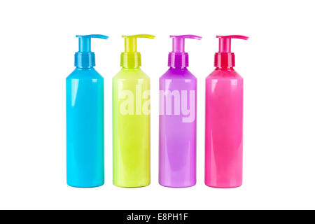 Mehrfarbige Neon-Lotion-Flaschen mit Dispenser-Pumpe Stockfoto