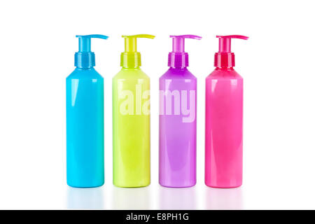 Mehrfarbige Neon-Lotion-Flaschen mit Dispenser-Pumpe Stockfoto