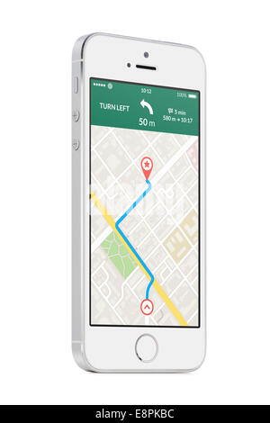 Bottom-up-Sicht auf gedreht auf ein leicht schräg weiße moderne mobile smart Phone mit Karte GPS-Navigations-app mit geplanten Route auf th Stockfoto