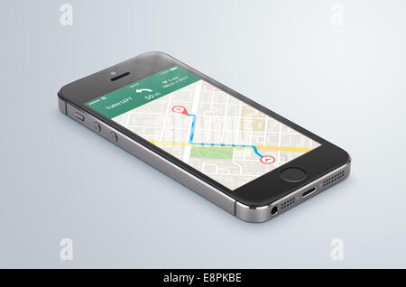 Schwarze moderne Smartphone mit GPS-Navigation Kartenanwendung mit geplanten Route auf dem Bildschirm liegt auf die graue Fläche. Hohe Qualität Stockfoto