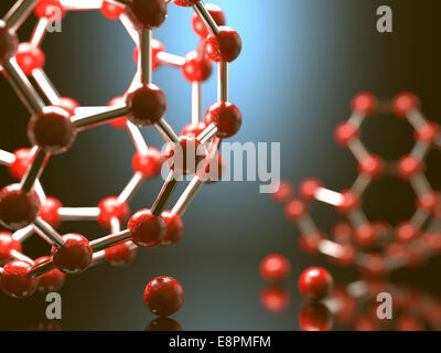 Molekulare Struktur mit roten Kugeln mit Schärfentiefe miteinander verbunden. Stockfoto