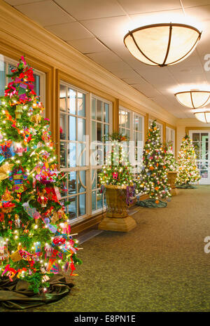 Eine Reihe von handgefertigten Ornamenten geschmückte Weihnachtsbäume säumen diesen Gang der Glasfenster. Stockfoto