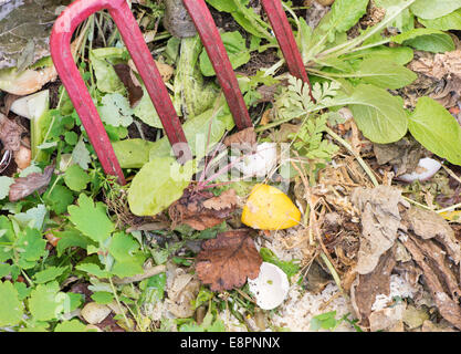 Nahaufnahme von Kompost im Garten voller pflanzlicher Abfälle Stockfoto