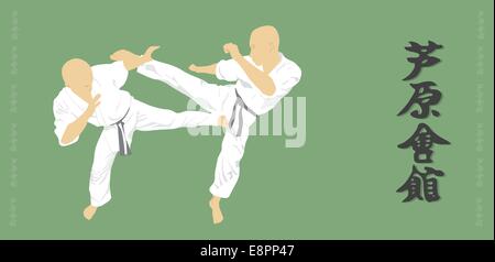 Abbildung, zwei Männer engagieren sich in Karate auf grünem Hintergrund. Stockfoto