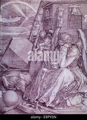 „MELENCOLIA I“, ein berühmter Stich von Albrecht Dürer, der 1514 erstellt wurde. Das Bild zeigt eine melancholische Figur, umgeben von verschiedenen symbolischen Elementen. Das Kunstwerk ist bekannt für seinen komplexen Symbolismus und die Erforschung menschlicher Emotionen. Stockfoto