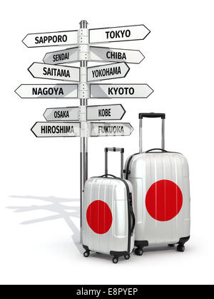 Reisekonzept. Koffer und Wegweiser was in Japan zu besuchen. 3D Stockfoto