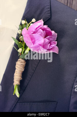 Bräutigam trägt ein lila Tulpe Knopfloch. Hautnah. Getönten Foto Stockfoto