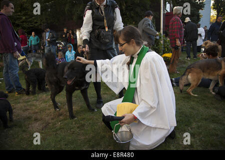 Segnung der Tiere-Dienst in einem Garten der Episcopal Church in Brookjlyn, New York. Stockfoto