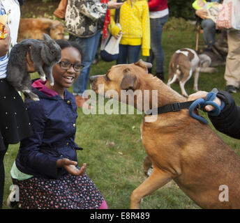Segnung der Tiere Service in eine Bischofskirche Garten in Brooklyn, New York. Stockfoto