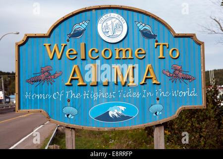 Willkommen bei Alma Sign - Alma, New Brunswick, Kanada Stockfoto