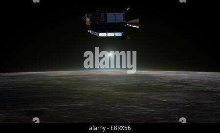 Der NASA Lunar Atmosphere and Dust Environment Explorer (LADEE) wird im Konzept dieses Künstlers dargestellt, wie er den Mond umkreist und dessen dünne Atmosphäre und Mondstaubumgebung untersucht. Stockfoto