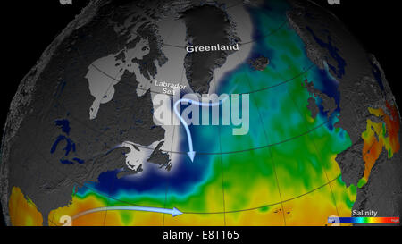 Das Instrument Aquarius der NASA liefert wichtige Daten aus dem ersten Jahr der Oberflächensalzmessung und zeigt auf, wie sich das saisonale Schmelzen des Meereises auf die Meeresbedingungen und die globalen Klimamuster auswirkt. Stockfoto