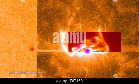 Dieses kombinierte Bild zeigt die 29. März 2014, X-Class Flare, gesehen durch die Augen der anderen Observatorien. SDO ist auf der b Stockfoto