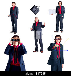 Collage der Geschäftsmann in verschiedenen Posen mit verschiedenen Objekten Stockfoto