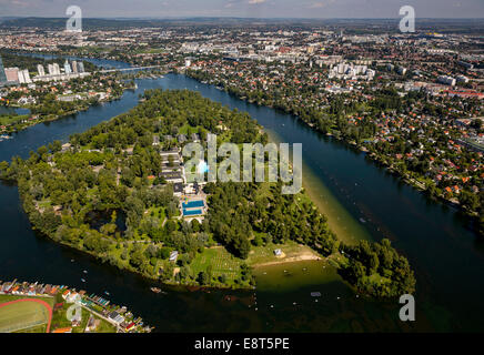 Luftbild, Strandbad Gänsehäufel, Donauinsel, Alte Donau, Wien, Österreich Stockfoto
