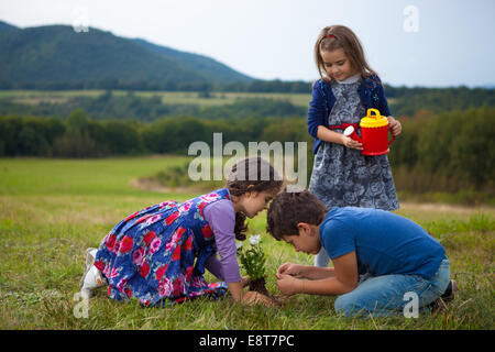 Kinder im Garten und Bewässerung von Pflanzen mit einer Spielzeug-Kunststoff-Gießkanne Stockfoto