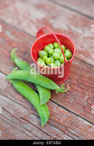 Erbsen in einen Eimer auf einem hölzernen Hintergrund. Stockfoto