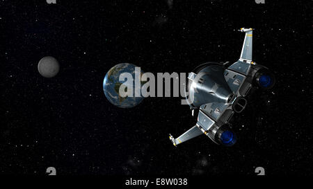 Space Shuttle nähert sich Erde und Mond. 3D Szene. Einige Elemente dieses Bild von der NASA eingerichtet. Stockfoto