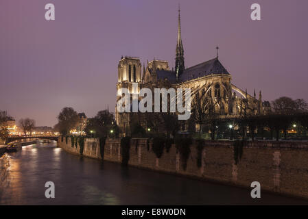 Blick auf die Kathedrale Notre Dame und der Seine nach Einbruch der Dunkelheit. Paris, Frankreich. Stockfoto