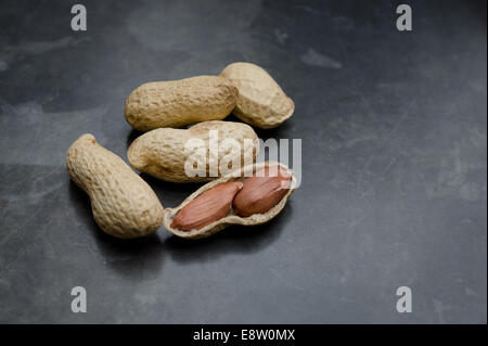 Monkey Nuts, Erdnüsse, gemahlenen Nüssen, in ihren Schalen auf Schiefer Hintergrund Stockfoto