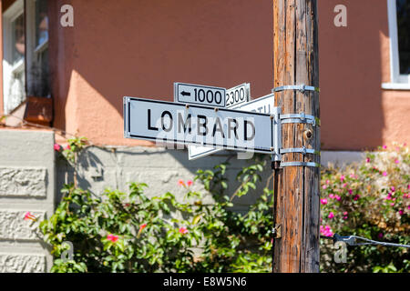 Lombard Street Zeichen, Russian Hill, San Francisco, Kalifornien Stockfoto