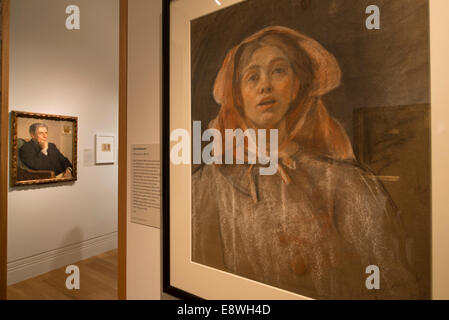 National Portrait Gallery, London UK. 15. Oktober 2014. Drücken Sie View - Anarchie & Schönheit: William Morris und sein Vermächtnis, 1860-1960. Eine Ausstellung, die das Leben und die Ideen der großen viktorianischen Künstler, Schriftsteller und visionäre Denker (bis 11. Januar 2015) zu erkunden. Kuratiert von Fiona MacCarthy, konzentriert sich auf Morris weitreichende Politik, dachte und Design. Es zeigt die Arbeit der Arts And Crafts Praktiker inspiriert von Morris durch das Festival of Britain und ab Nachkriegs-Designern wie Terence Conran. Bildnachweis: Malcolm Park Leitartikel/Alamy Live-Nachrichten Stockfoto