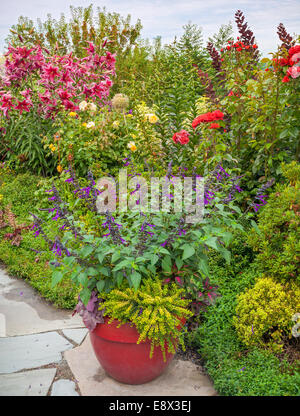 Maury-Vashon Island, WA: Terrassenförmig angelegten Staudengarten mit Steinplatten Terrasse Stockfoto