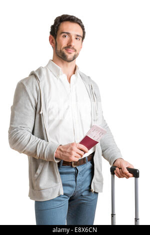 Man wartet auf einem Flughafen mit Tickets, isoliert in weiß Stockfoto