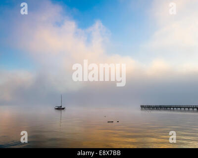 Vashon Island, Washington: Festgemachten Segelboot und Pier in Nebel auf Tramp Harbor löschen Stockfoto