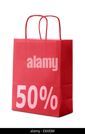 rote Einkaufstasche mit Drucken Rabatt Stockfoto