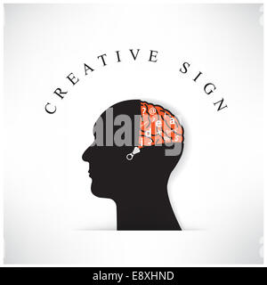 Kreative Silhouette Kopf mit Eröffnung des Gehirns durch Reißverschluss auf Hintergrund, design für Plakat Flyer Abdeckung Broschüre, Geschäftsidee. Stockfoto
