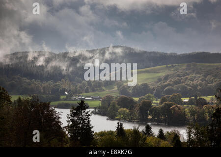 Niedrige Nebel fließt über die Wipfel der Bäume auf Esthwaite Aufnahme Esthwaite Überwasser, in der Nähe von Hawkshead, Cumbria Stockfoto