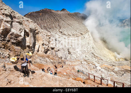 Schwefel Träger klettern aus Kawah Ijen Vulkan (Ijen Krater), Banyuwangi, Ost-Java, Indonesien, Asien Stockfoto
