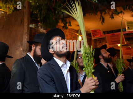 Religiöse jüdische Männer Segen Esrog und Lulv in eine Laubhütte in Brooklyn, New York, während des jüdischen Feiertages von Sukkot. Stockfoto