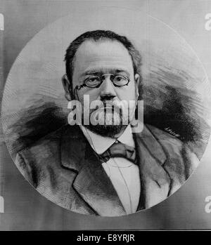 Emile Zola (1840-1902). Französischer Schriftsteller. Gravur. des 19. Jahrhunderts. Künstlerische Darstellung, 1885, Spanien. Stockfoto