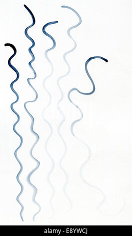 Blaue Wellenlinien auf weißem Aquarellpapier mit Textur. Kunst Hintergrundtextur. Stockfoto