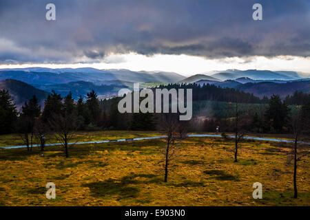 Sauerland, zentrale Berggebiet in Nord-West-Deutschland, am frühen Morgennebel im Herbst. Sturm, stürmischen Wolken über Berggipfel Stockfoto