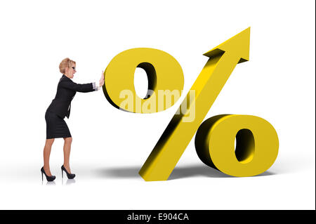 Geschäftsfrau, schob die Prozentzeichen auf weißem Hintergrund Stockfoto