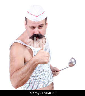 Kochen Sie im Unterhemd auftauchend Daumen auf weißem Hintergrund Stockfoto