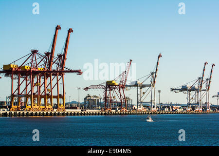 Boot, Segeln vor Containerschiff Landungsbrücken, Hafen von Brisbane, Brisbane, Queensland, Australien Stockfoto